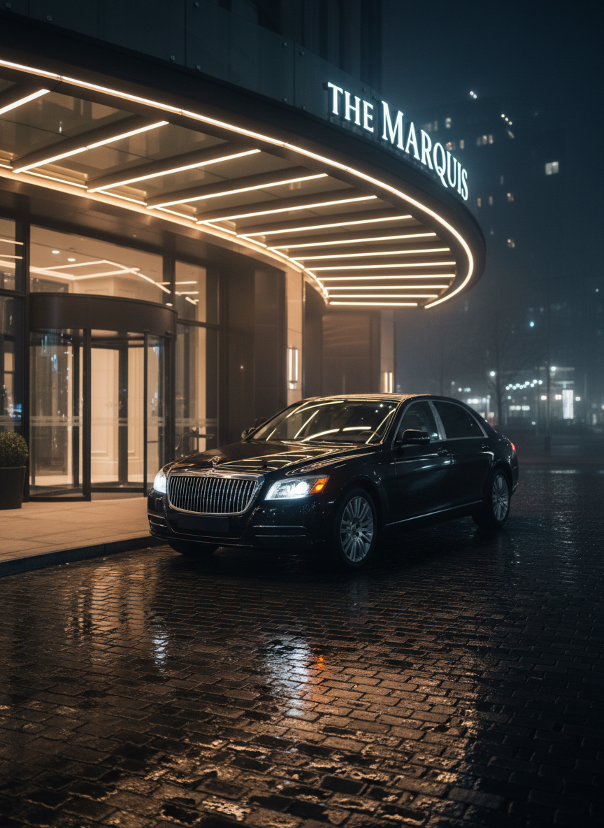 A night-time curbside pickup scene outside a modern hotel entrance, depicted without people, in photographic realism. A single black luxury sedan waits under a sleek glass canopy, its hazard lights gently blinking amber. The hotel’s name appears in subtle, out-of-focus lettering above revolving doors. Warm recessed lighting from the canopy pours onto wet cobblestone paving, creating elegant reflections of the car’s silhouette and chrome accents. Misty, cool night air softens the distant city details. Captured from a three-quarter front angle with moderate depth of field, the composition balances the car and the architectural lines of the entrance. The mood is discreet, anticipatory, and five-star, ideal for showcasing VIP hotel and event transport.