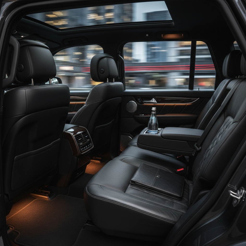 The immaculate interior of a high-end executive SUV, captured from the open rear passenger door, showcasing quilted black leather seats with detailed stitching, polished wood inlays, and a softly glowing center console. A chilled bottled water and a leather-bound portfolio rest neatly on the fold-down armrest. Through the opposite window, an abstract blur of city lights and skyscraper outlines suggests motion. Discreet warm LED cabin lighting creates a gentle, inviting glow, highlighting textures without harshness. Photographic realism, eye-level composition with a shallow depth of field, focusing on comfort and refinement. The atmosphere is quiet, private, and ultra-professional, ideal for corporate transportation and VIP clients.