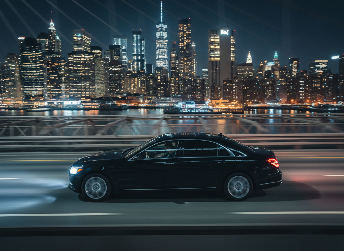 A polished black luxury sedan gliding across a nighttime city bridge, captured in photographic realism with a dynamic panning effect. The car is in sharp focus, its body reflecting the cool blues and silvers of Manhattan-like skyscrapers and suspension cables, while the background lights and skyline streak into elegant bokeh. Subtle reflections of water shimmer below the bridge. Headlights and taillights carve clean lines through the dark, and the city towers glow with a calm, refined energy. The image is shot from a low side angle to emphasize motion and power. The atmosphere is sophisticated and metropolitan, perfect for highlighting executive transport between New Jersey, New York, and Philadelphia.