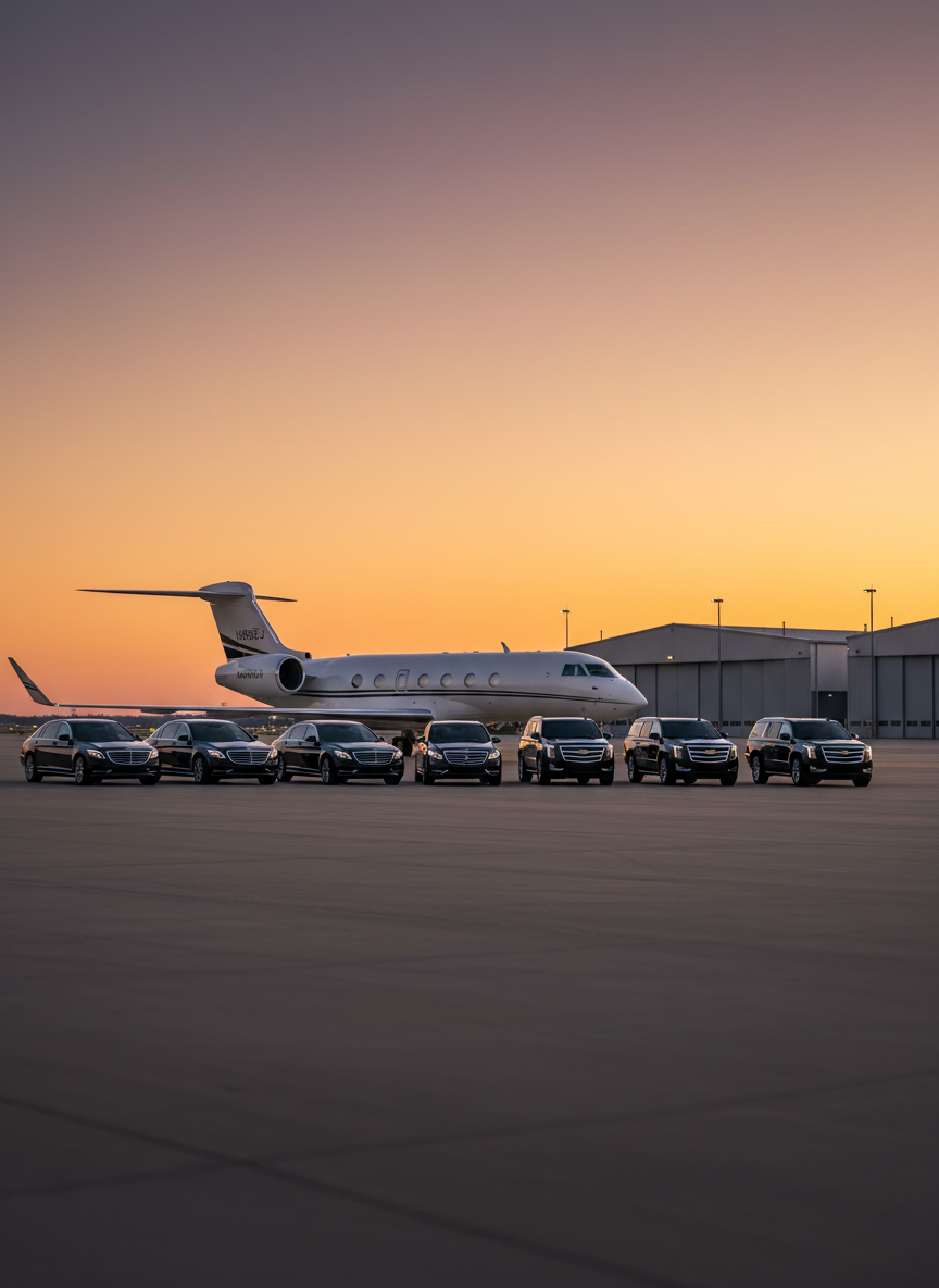 A panoramic, photographic realism view of a private jet parked on a quiet tarmac with a row of luxury black sedans and SUVs aligned in front of it, all perfectly spaced and meticulously clean. The aircraft’s sleek fuselage and the vehicles’ glossy finishes reflect the warm hues of a golden-hour sunset, with soft light grazing across metal and glass. Distant hangars and runway lights remain slightly blurred, maintaining focus on the coordinated fleet. Shot from a low, wide-angle perspective to emphasize scale and readiness. The atmosphere is ultra-exclusive, calm, and orderly, highlighting seamless airport transfers and executive-level ground coordination across major hubs.