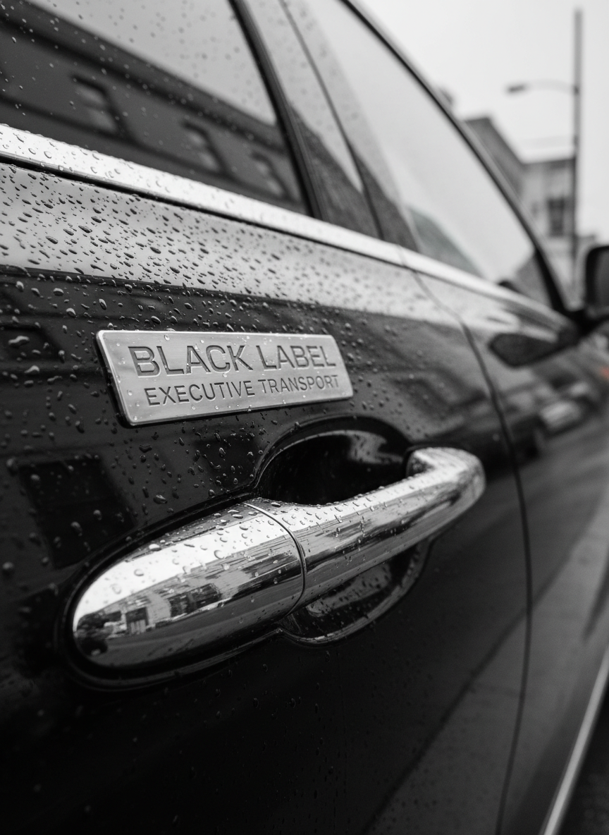 A close-up, photographic realism detail shot of a luxury transport company’s branding on the rear door of a black sedan: an understated metallic “Black Label Executive Transport” logo elegantly embossed on the paint near a chrome door handle. Fine water droplets from a recent light rain cling to the surface, catching soft overcast daylight and creating delicate highlights. The background fades into a smooth blur of neutral grays and muted city shapes, keeping all attention on the logo and refined materials. Captured at a shallow angle with a very shallow depth of field, the mood is discreet, premium, and confident, reinforcing a first-class, invitation-only feel for the brand.