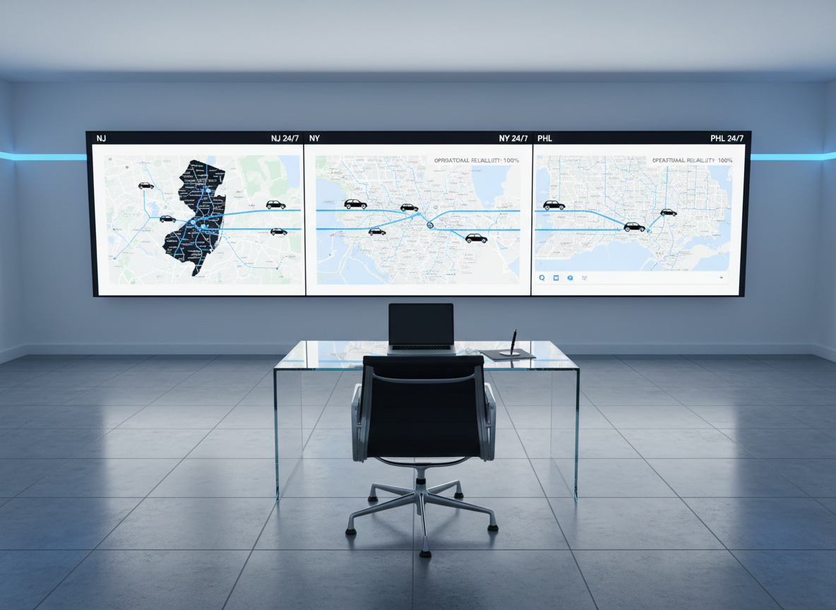 A minimalist, high-end dispatch and booking center for an executive transport company, shown without any staff. Multiple wide, ultra-thin monitors display a clean interface of real-time maps of NJ, NY, and Philadelphia, along with discreet vehicle icons and route lines. A single black leather executive chair faces a floating glass desk with a closed laptop and a polished metal pen. Cool, even studio-style lighting creates a crisp, shadow-free environment that feels efficient and high-tech. Photographic realism, shot from a slightly elevated angle with sharp focus throughout. The mood is controlled, secure, and professional, emphasizing reliability, 24/7 monitoring, and first-class operational standards for luxury transportation services.
