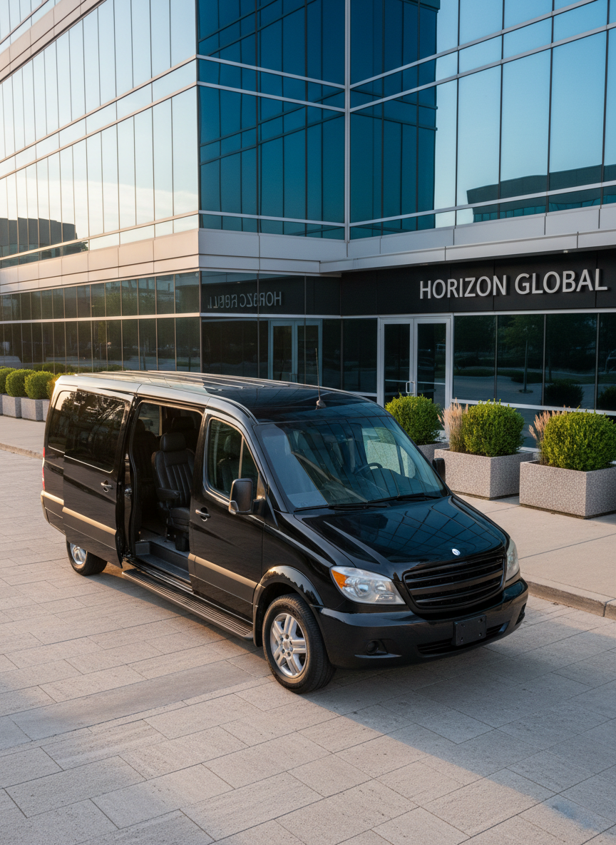 A spotless black executive van parked in front of a contemporary corporate office building with reflective glass facade, subtle signage, and neatly manicured planters. The van’s sliding door is open, revealing a row of matching leather captain’s chairs and a discreetly lit interior. Late afternoon golden-hour sunlight glances off the vehicle’s side, accentuating its smooth surfaces while casting long, soft shadows across the clean stone driveway. Photographic realism from a slightly elevated angle, using the rule of thirds to balance the van and the corporate entrance. The mood is composed and reliable, emphasizing group executive transport for meetings, conferences, and roadshows, with no people present anywhere in the scene.